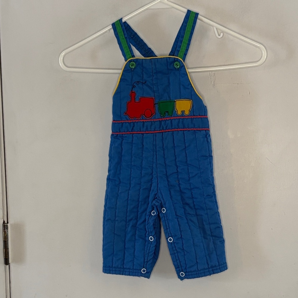 Vintage Cute Togs blue quilted overalls with train appliqué Size 9 Months